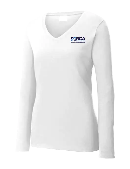Womens  V-Neck Ring Spun White 4.5 oz Long Sleeve T-Shirt w/RCA Building Commercial Success Logo