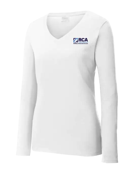 Womens  V-Neck Ring Spun White 4.5 oz Long Sleeve T-Shirt w/RCA Building Commercial Success Logo