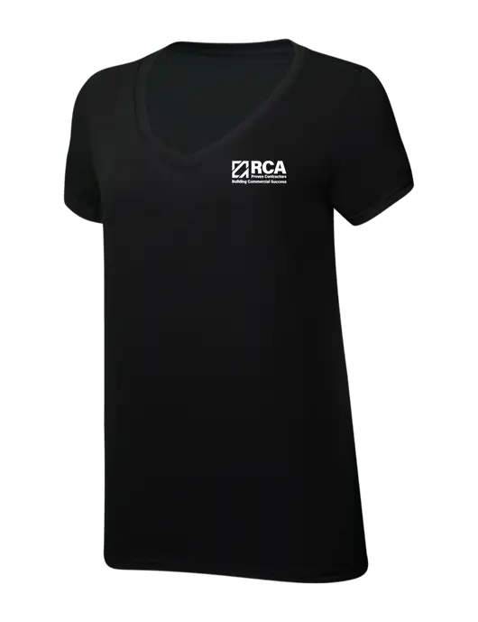 Womens Simply Soft V-Neck Black 4.5oz  Poly/Combed Ring Spun Cotton T-Shirt w/RCA Building Commercial Success Logo