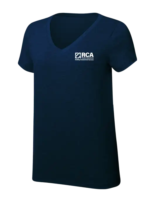 Womens Simply Soft V-Neck New Navy 4.5oz  Poly/Combed Ring Spun Cotton T-Shirt w/RCA Building Commercial Success Logo