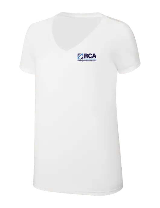 Womens Simply Soft V-Neck White 4.5oz  Poly/Combed Ring Spun Cotton T-Shirt w/RCA Building Commercial Success Logo