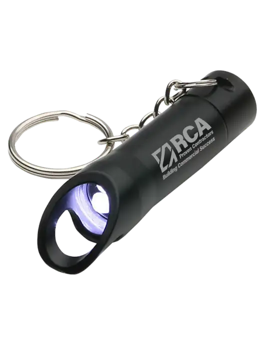Black Pocket LED Flashlight with Bottle Opener & Keychain w/RCA Building Commercial Success Logo