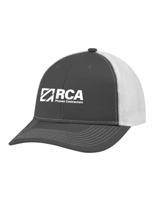 Snapback Ponytail Trucker Cap Dark Grey w/White Mesh w/RCA Logo