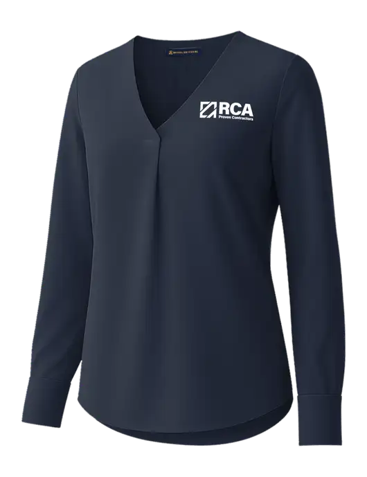 Brooks Brothers Womens Dark Navy Open-Neck Satin Blouse  w/RCA Logo